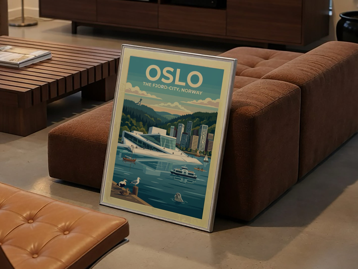 Travel poster of Oslo featuring the Opera House, a seal, and boats in blue.