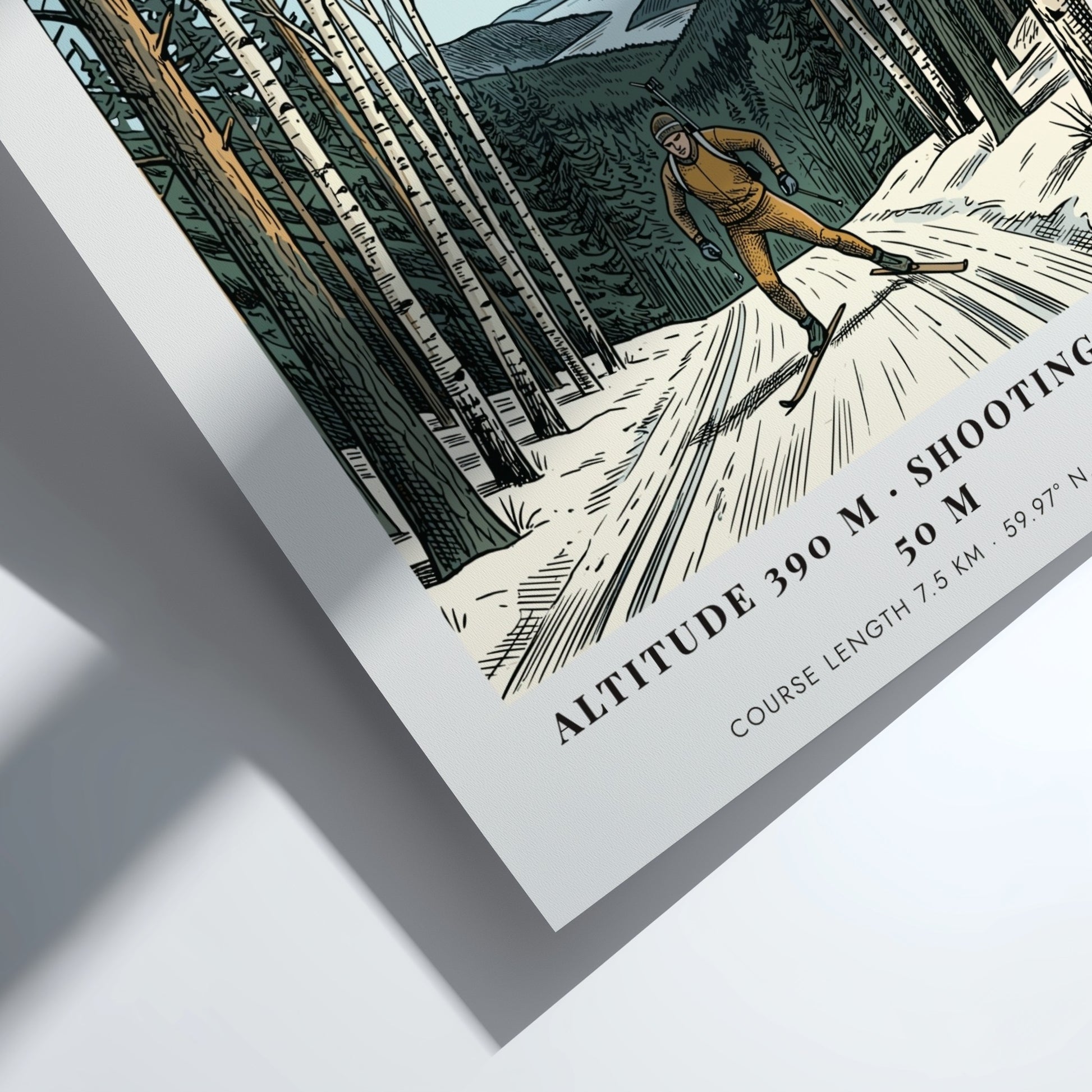 Poster of a biathlete skiing through a winter forest with distant mountain scenery