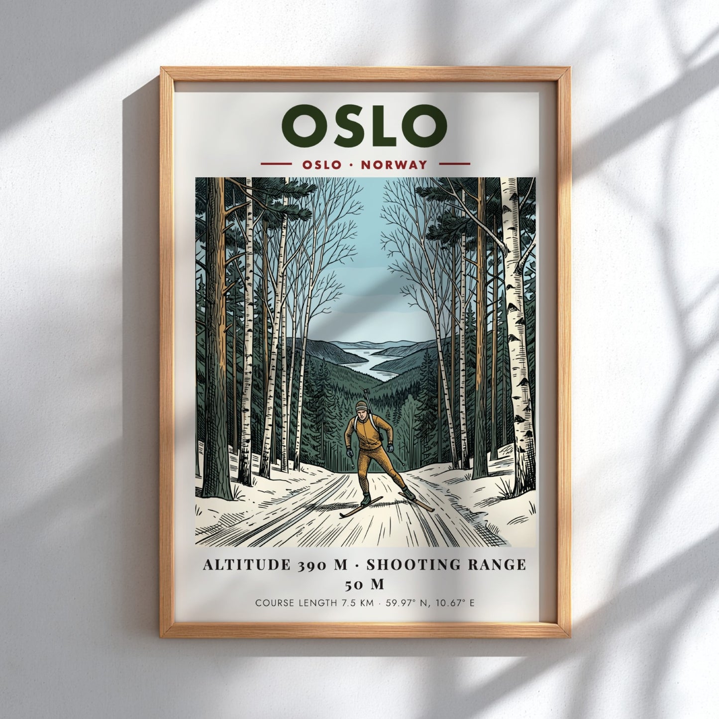 Poster of a biathlete skiing through a winter forest with distant mountain scenery