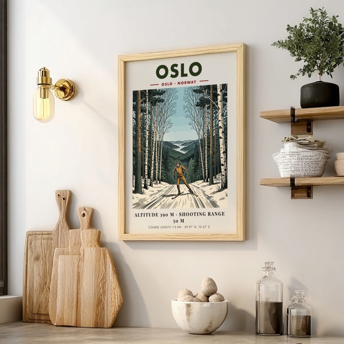 Poster of a biathlete skiing through a winter forest with distant mountain scenery