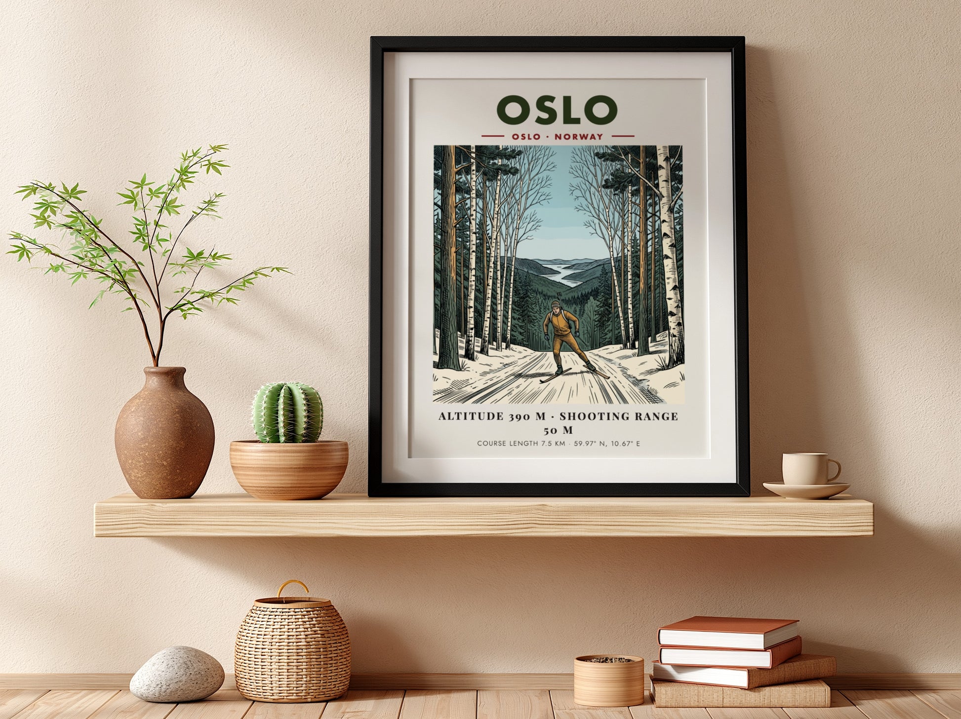 Poster of a biathlete skiing through a winter forest with distant mountain scenery