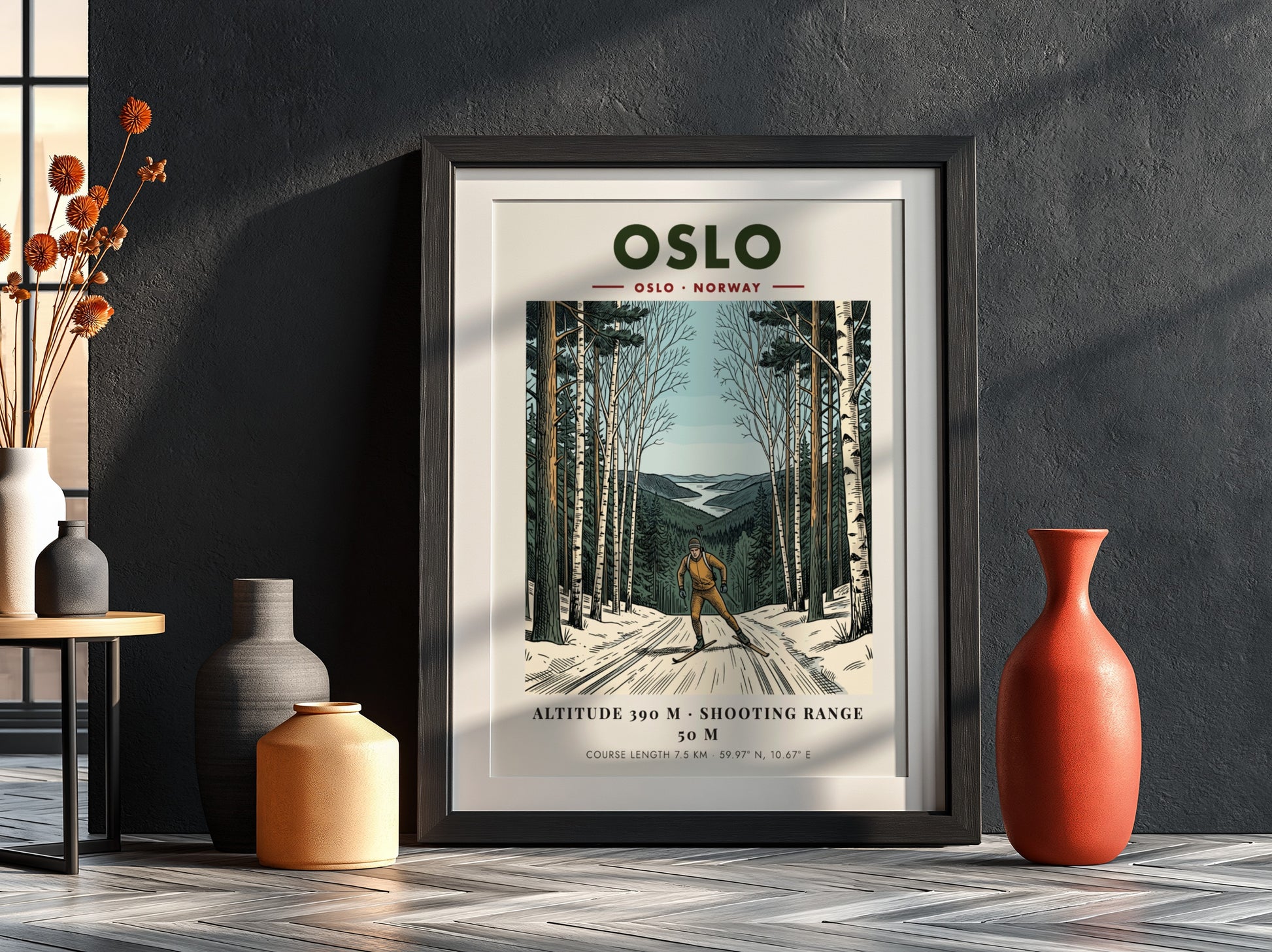 Poster of a biathlete skiing through a winter forest with distant mountain scenery