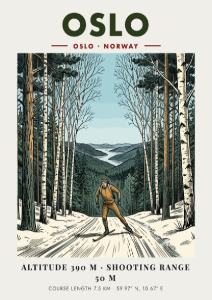 Poster of a biathlete skiing through a winter forest with distant mountain scenery