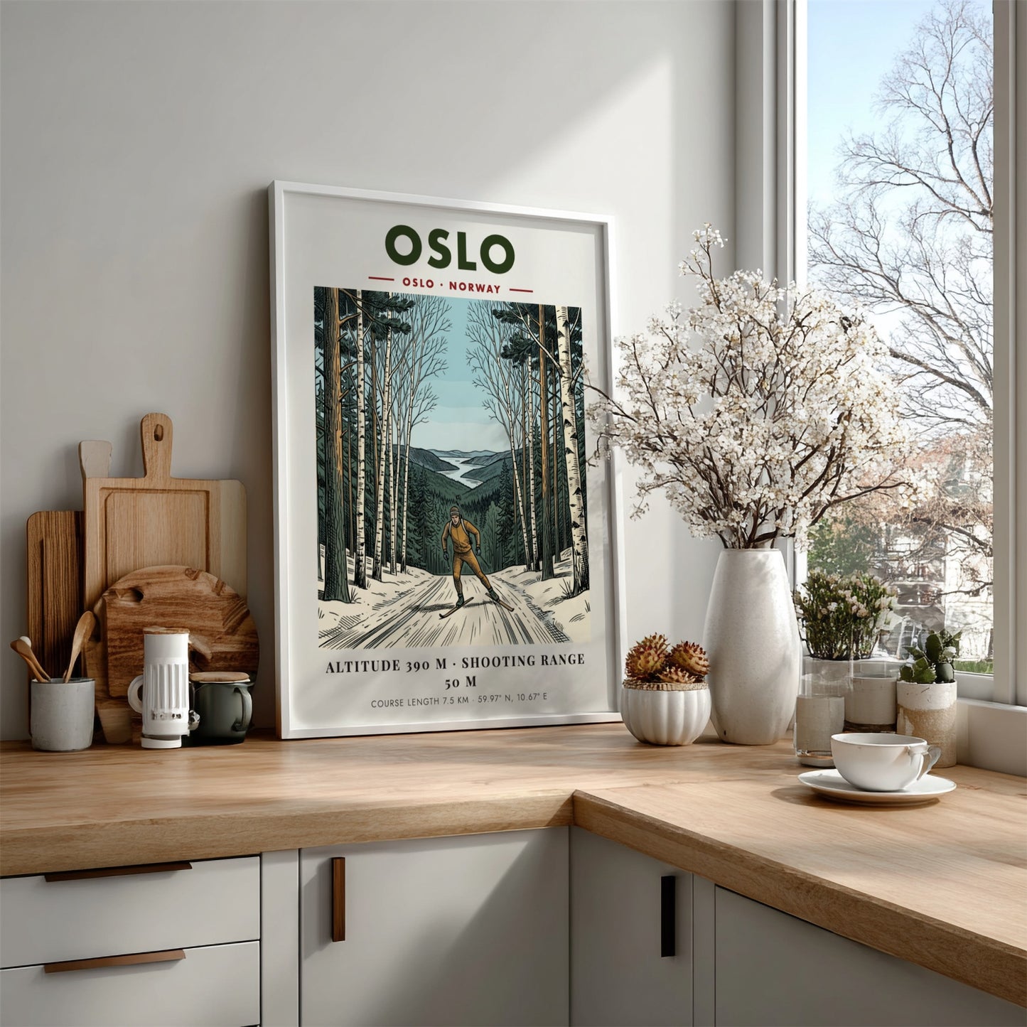 Poster of a biathlete skiing through a winter forest with distant mountain scenery
