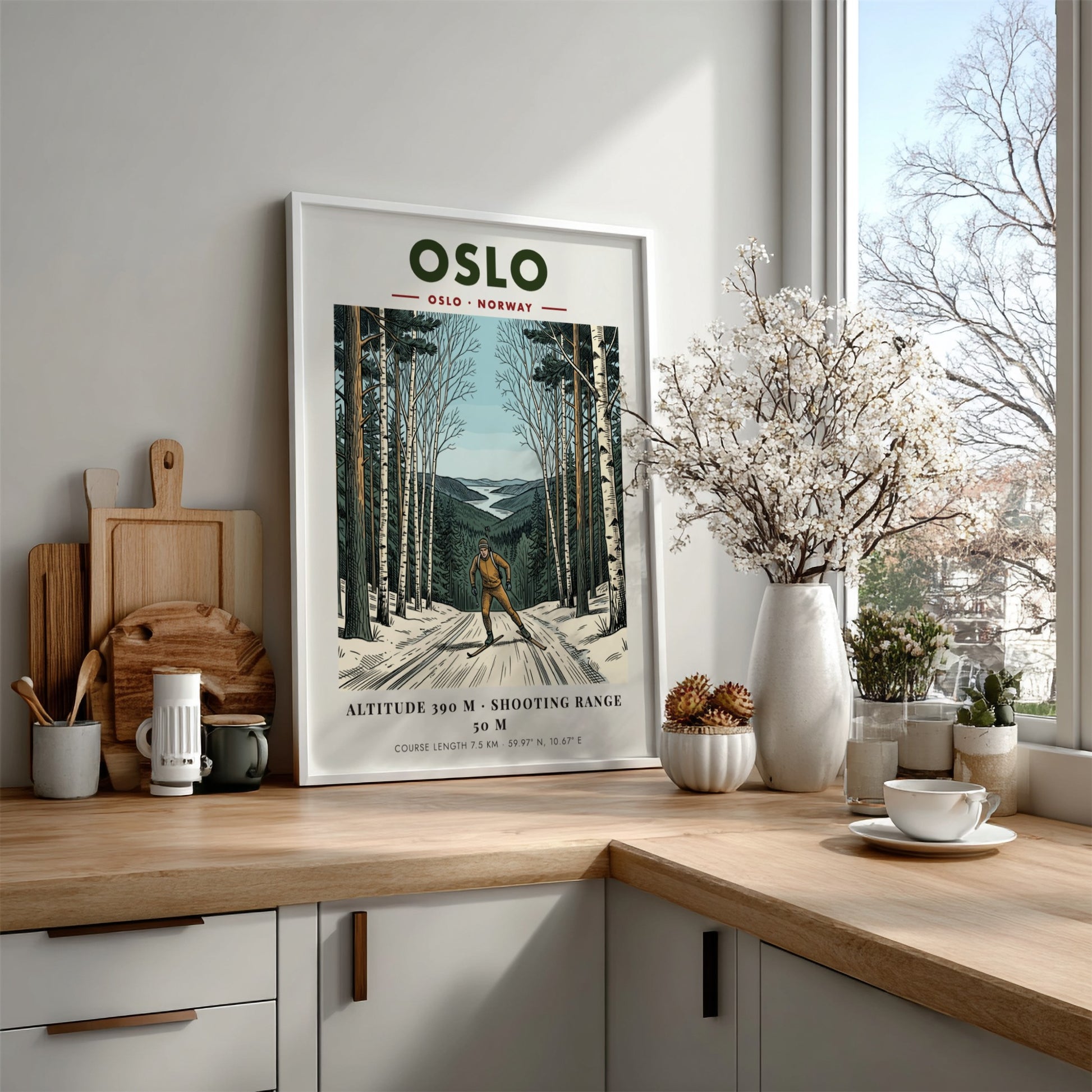 Poster of a biathlete skiing through a winter forest with distant mountain scenery