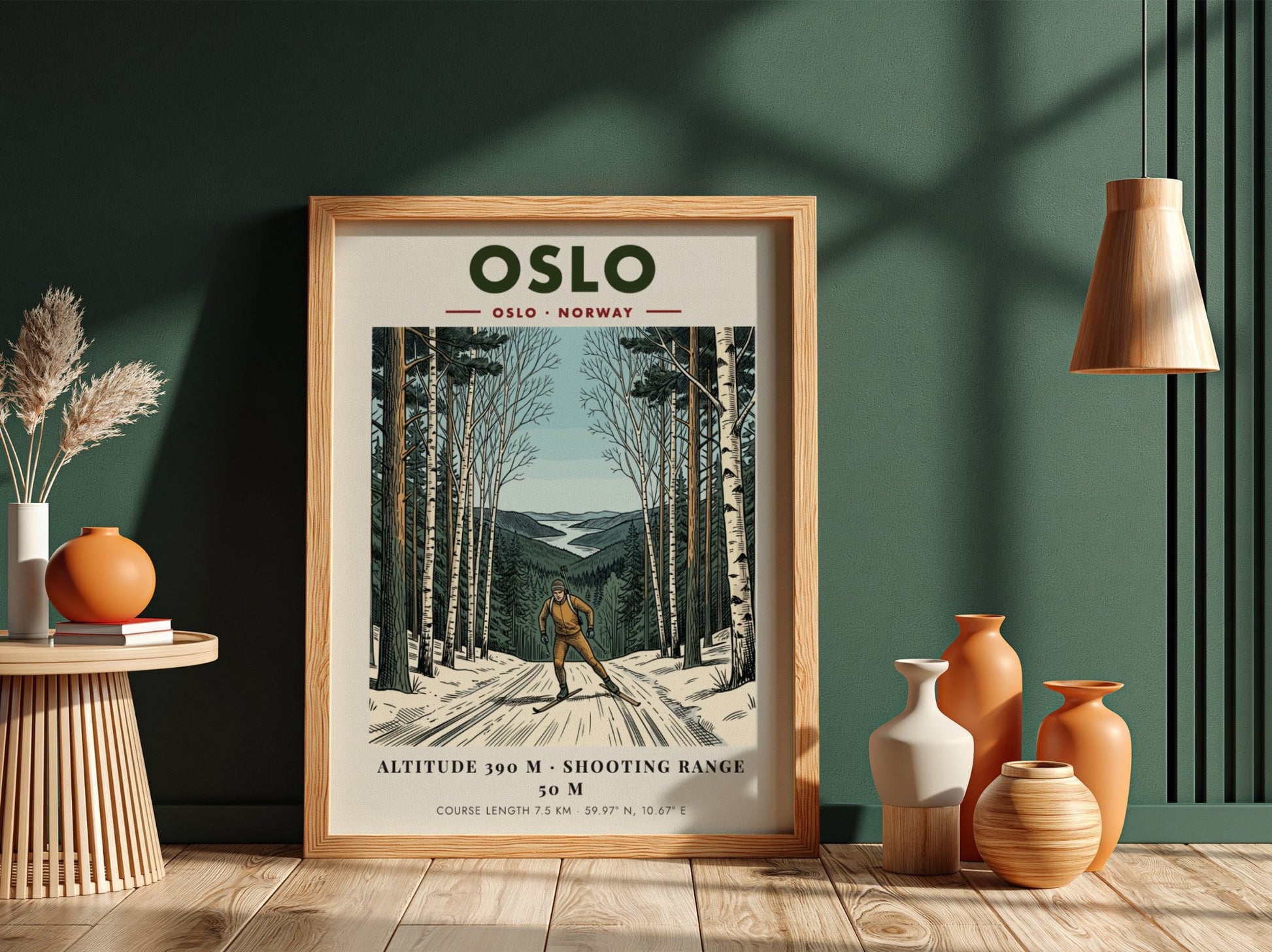 Poster of a biathlete skiing through a winter forest with distant mountain scenery