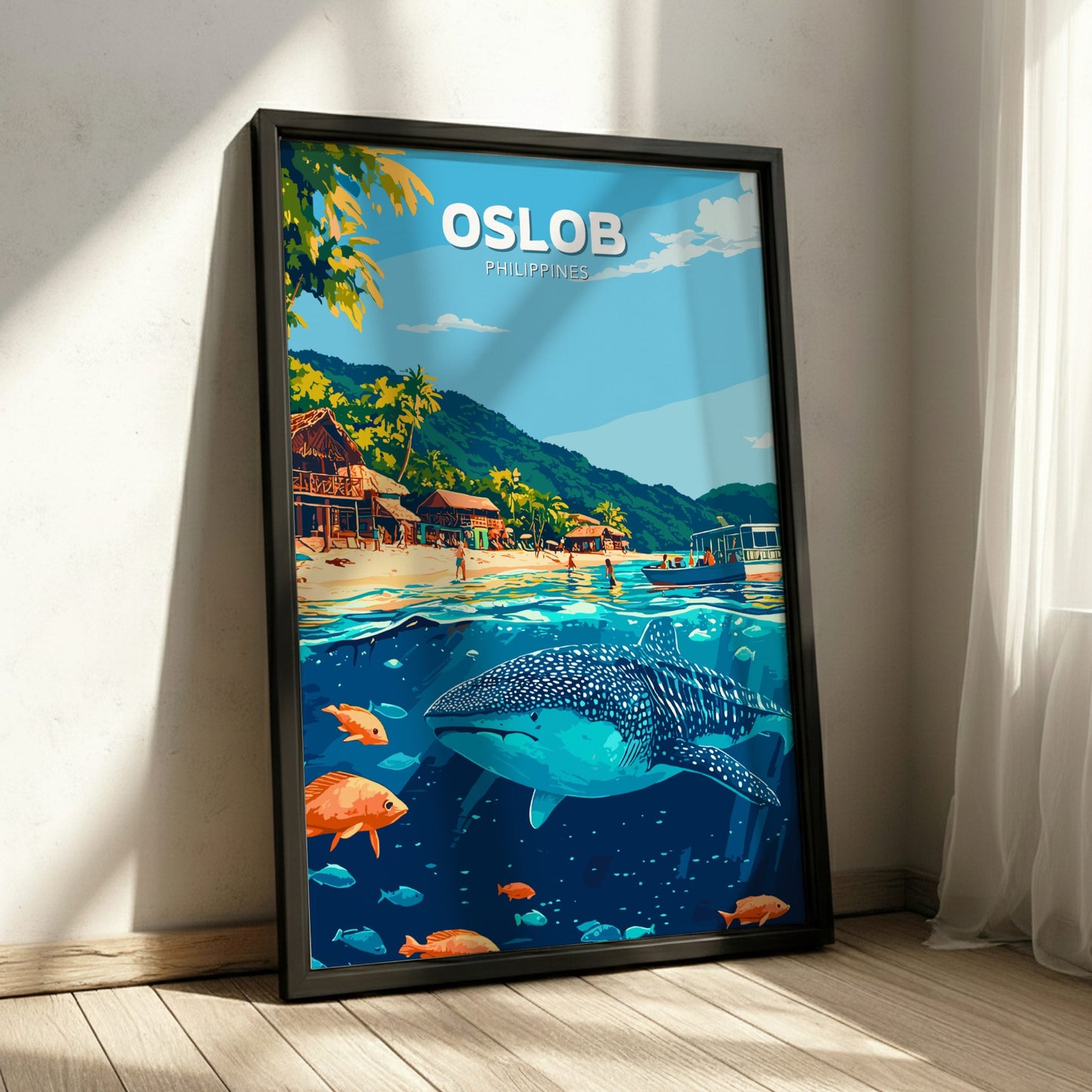 Framed artwork of Oslob, Philippines with a whale shark and tropical beach scene.