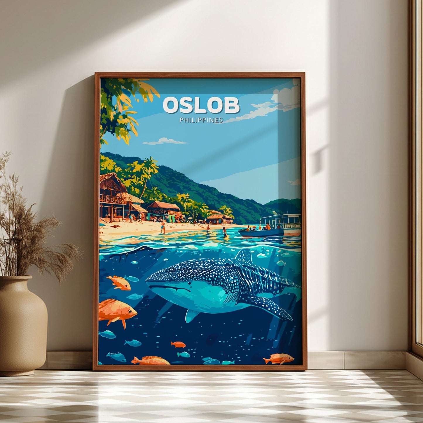 Framed artwork of a whale shark in an underwater scene with a beach and village above, labeled 'Oslob, Philippines'.