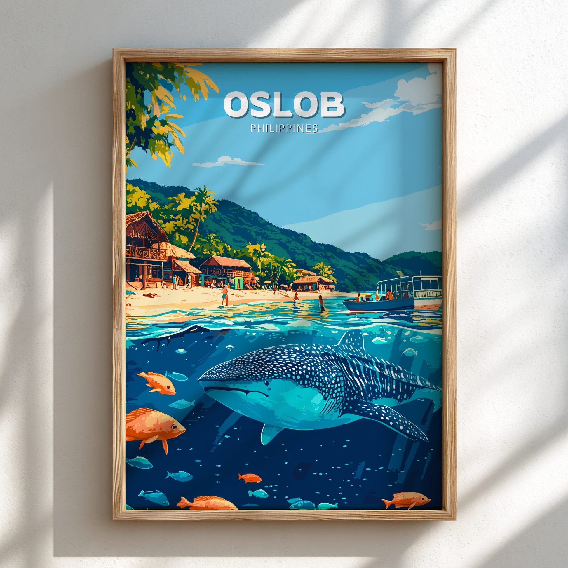 Framed artwork of Oslob, Philippines with a beach scene and whale shark underwater.