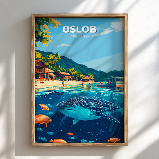 Framed artwork of Oslob, Philippines with a beach scene and whale shark underwater.