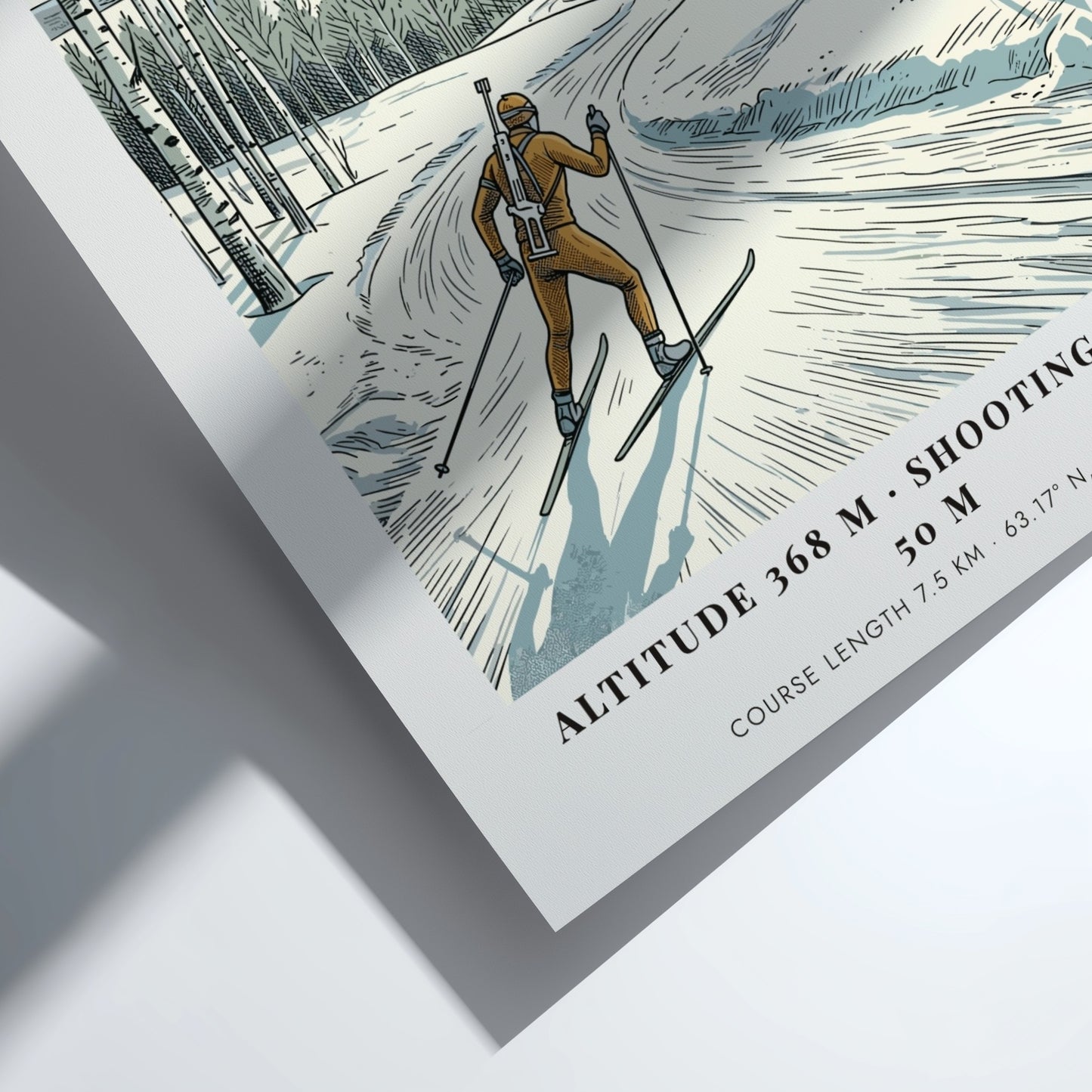 Poster of a biathlete skiing through a snowy Swedish birch forest at sunset.