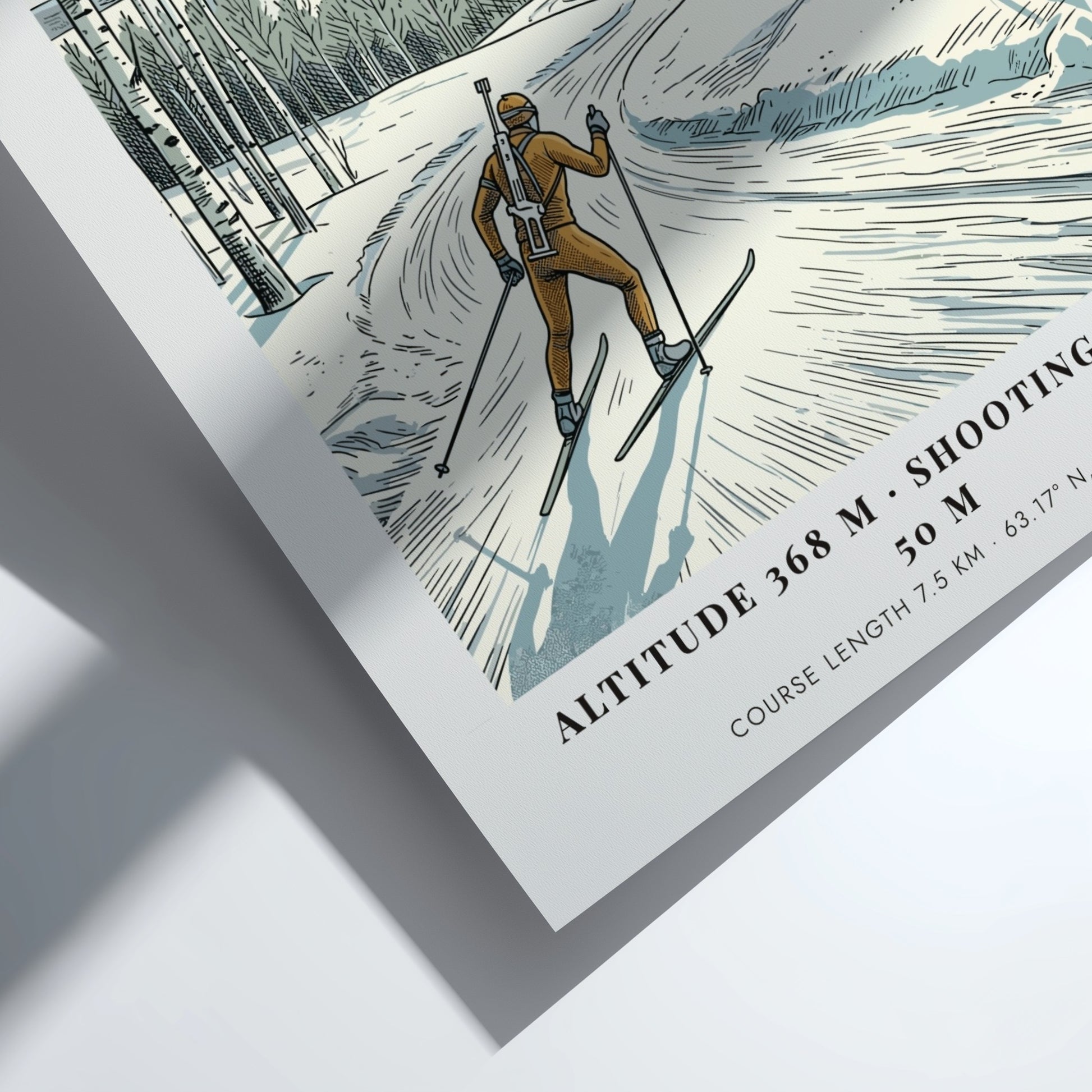 Poster of a biathlete skiing through a snowy Swedish birch forest at sunset.