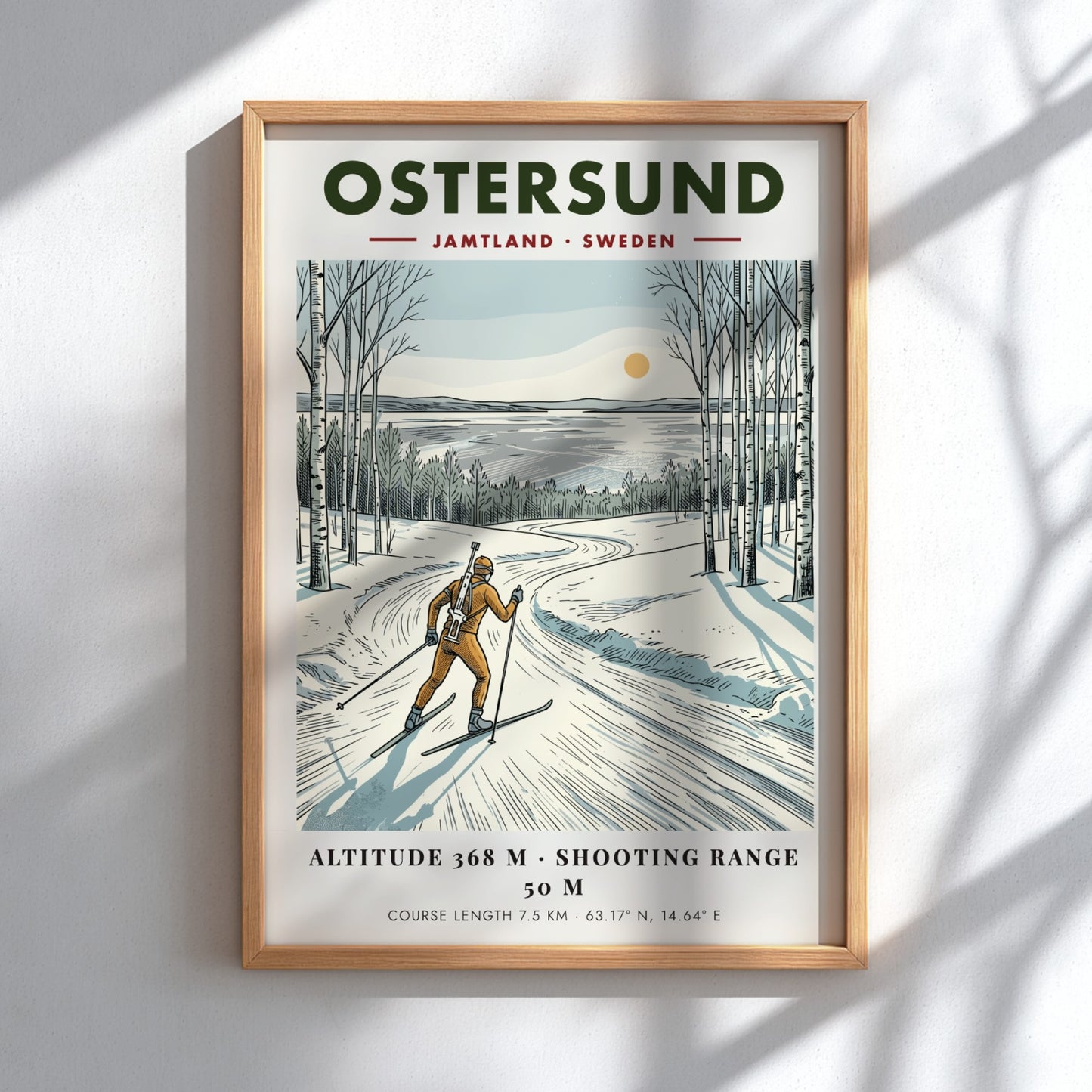 Poster of a biathlete skiing through a snowy Swedish birch forest at sunset.