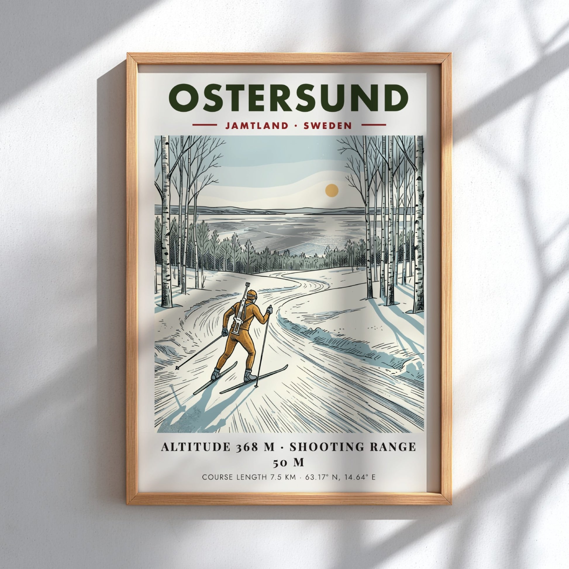 Poster of a biathlete skiing through a snowy Swedish birch forest at sunset.