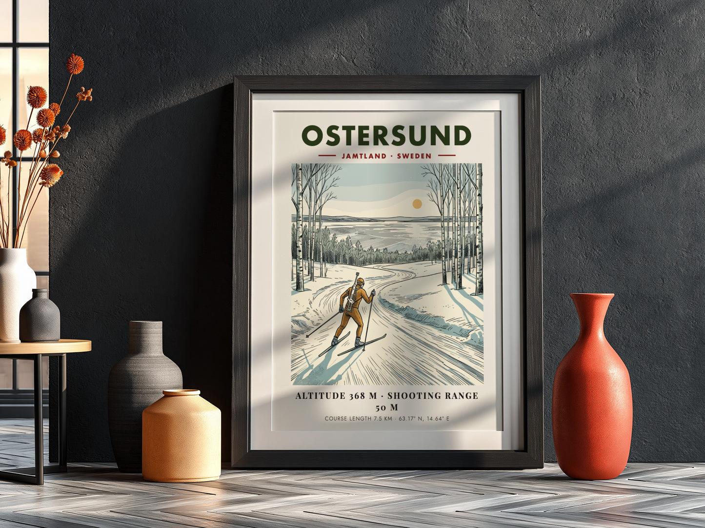 Poster of a biathlete skiing through a snowy Swedish birch forest at sunset.