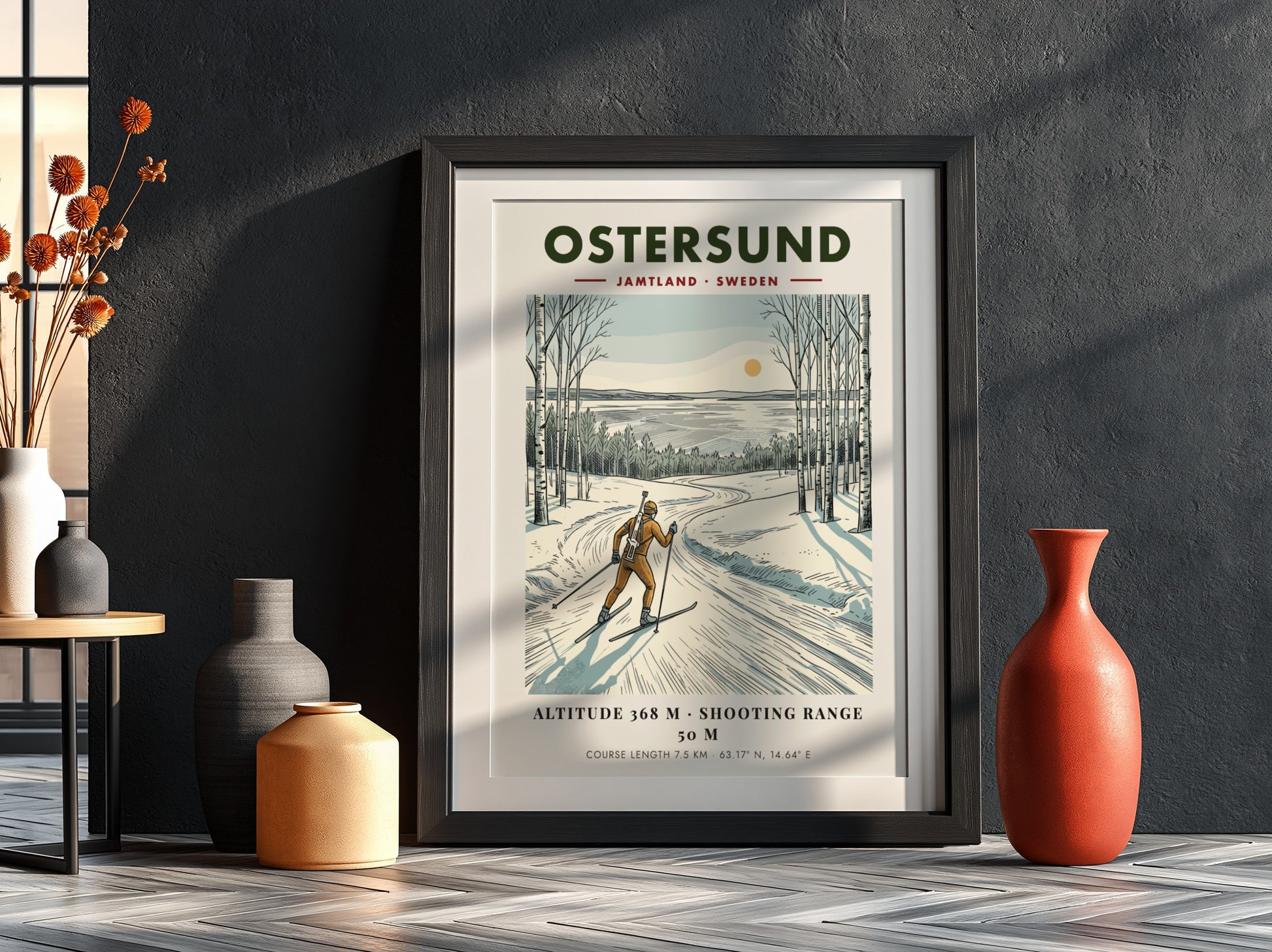 Poster of a biathlete skiing through a snowy Swedish birch forest at sunset.
