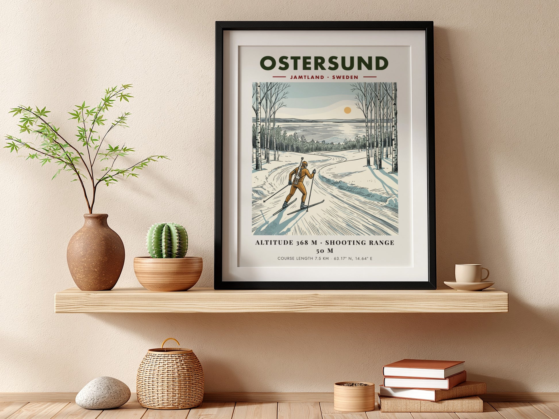 Poster of a biathlete skiing through a snowy Swedish birch forest at sunset.