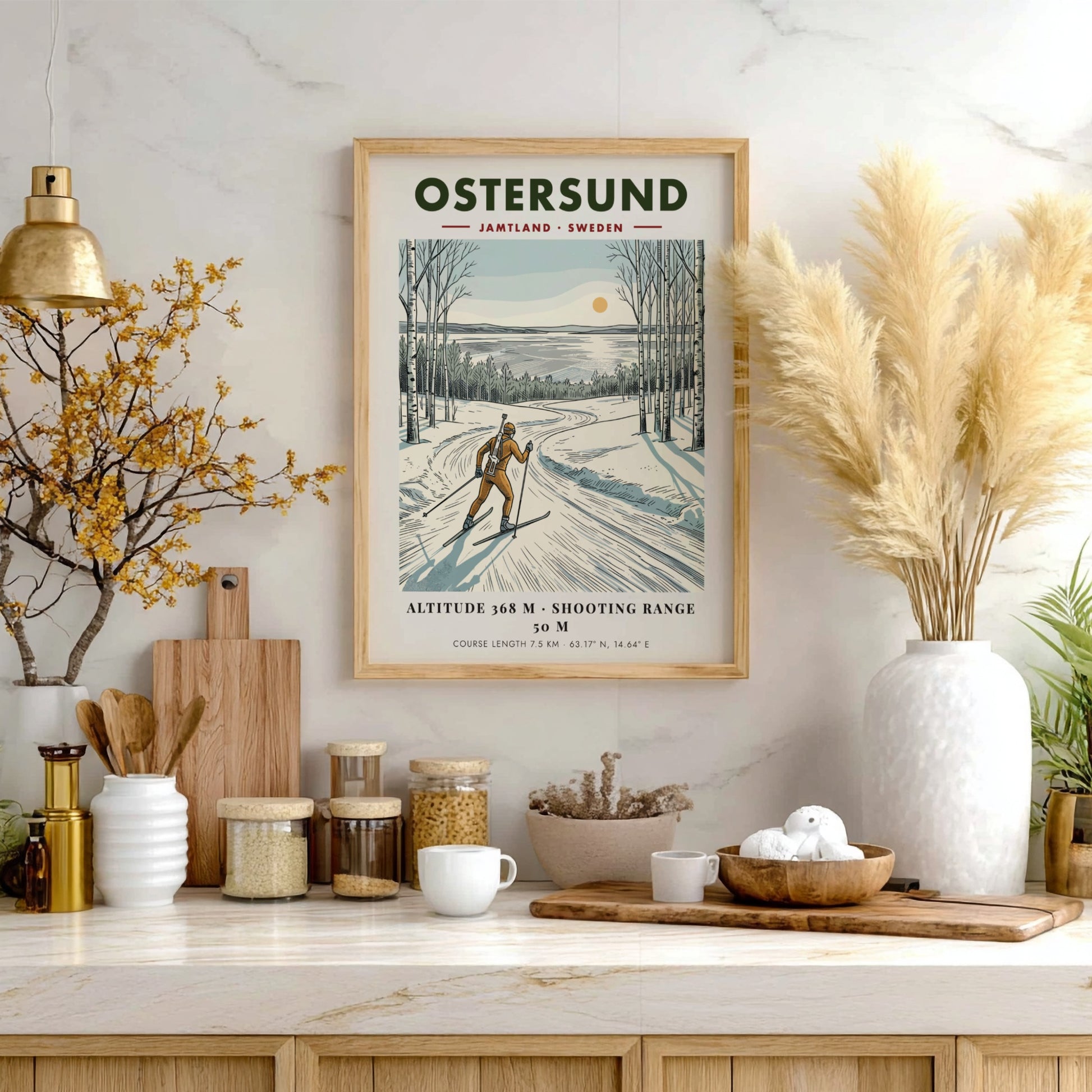 Poster of a biathlete skiing through a snowy Swedish birch forest at sunset.