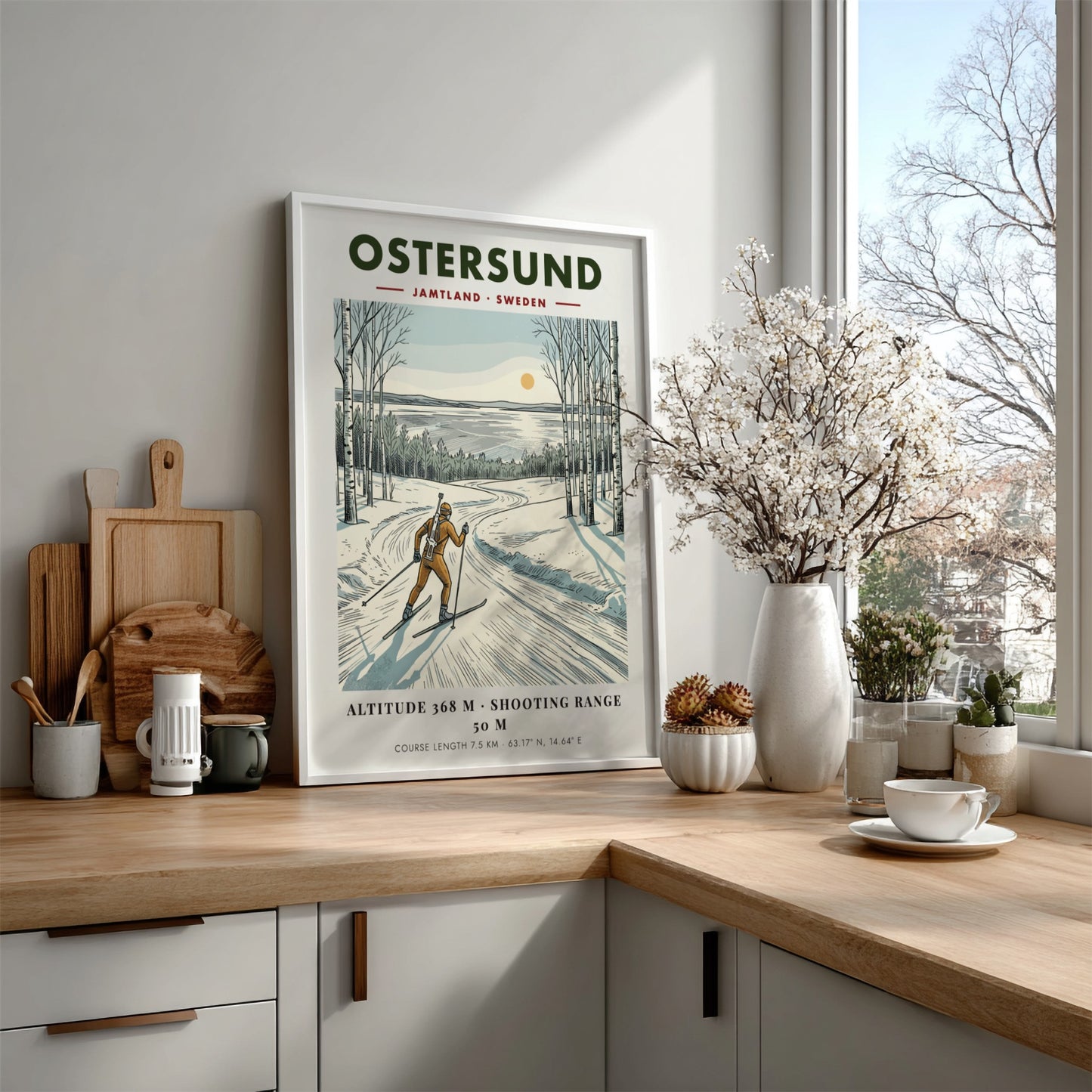 Poster of a biathlete skiing through a snowy Swedish birch forest at sunset.