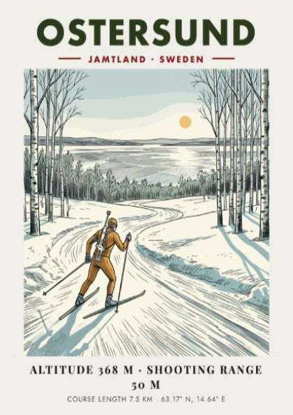 Poster of a biathlete skiing through a snowy Swedish birch forest at sunset.