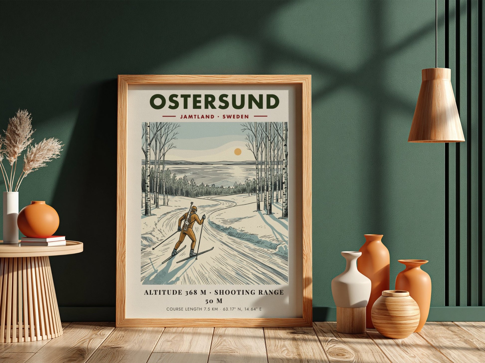 Poster of a biathlete skiing through a snowy Swedish birch forest at sunset.