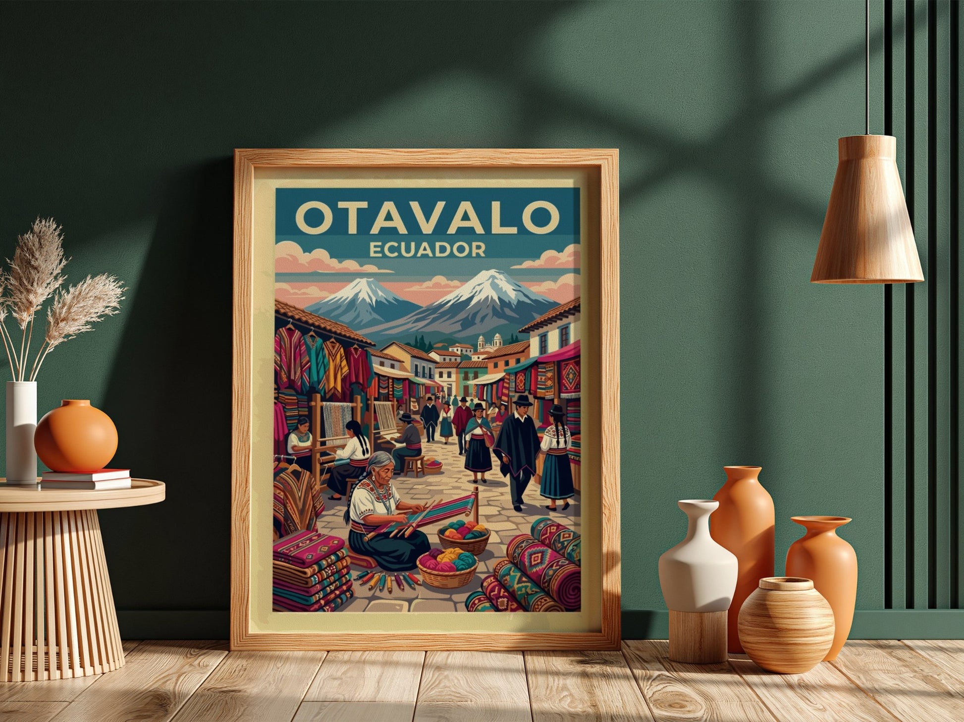 South America travel poster featuring the Otavalo market with artisans, textiles, and volcanoes.