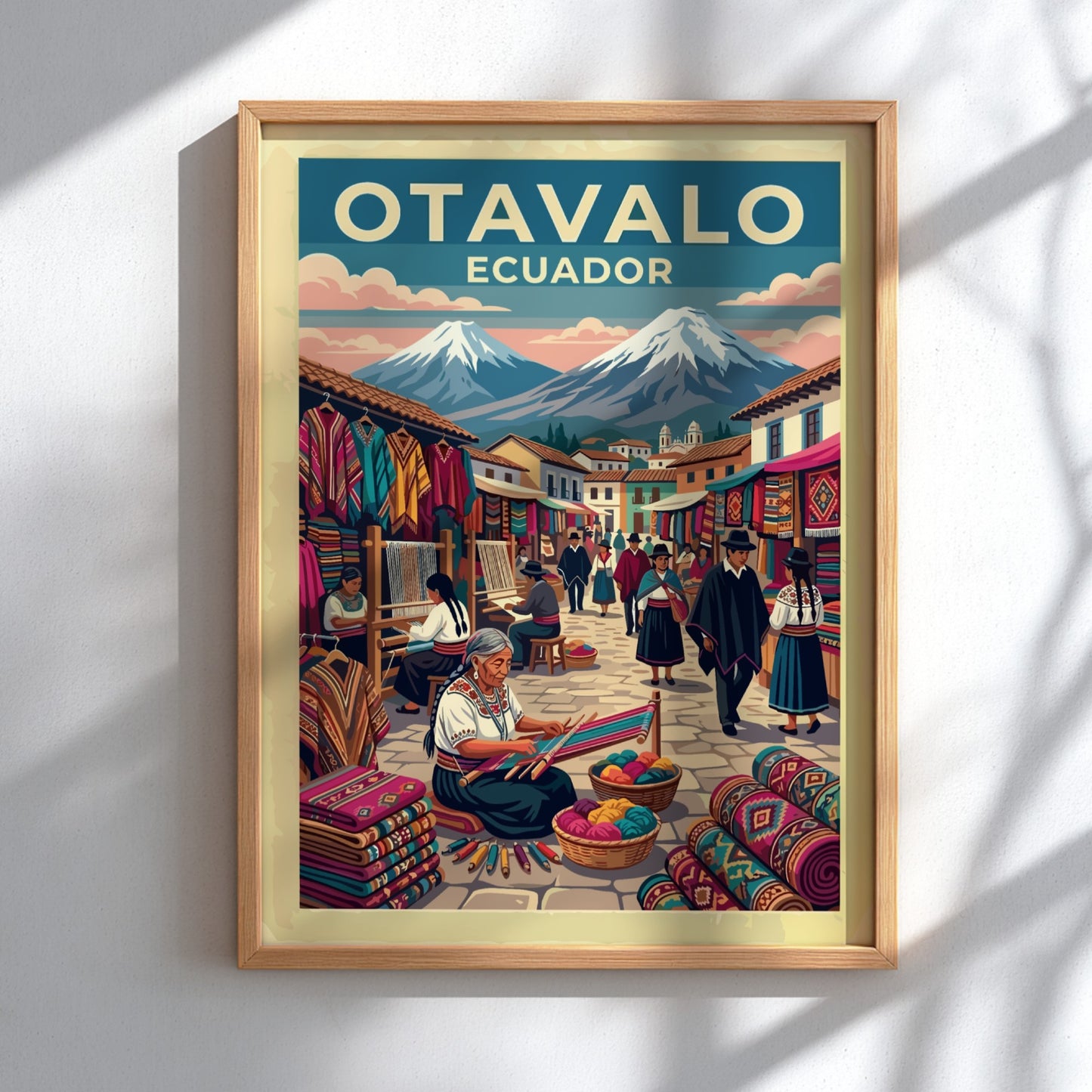 South America travel poster featuring the Otavalo market with artisans, textiles, and volcanoes.