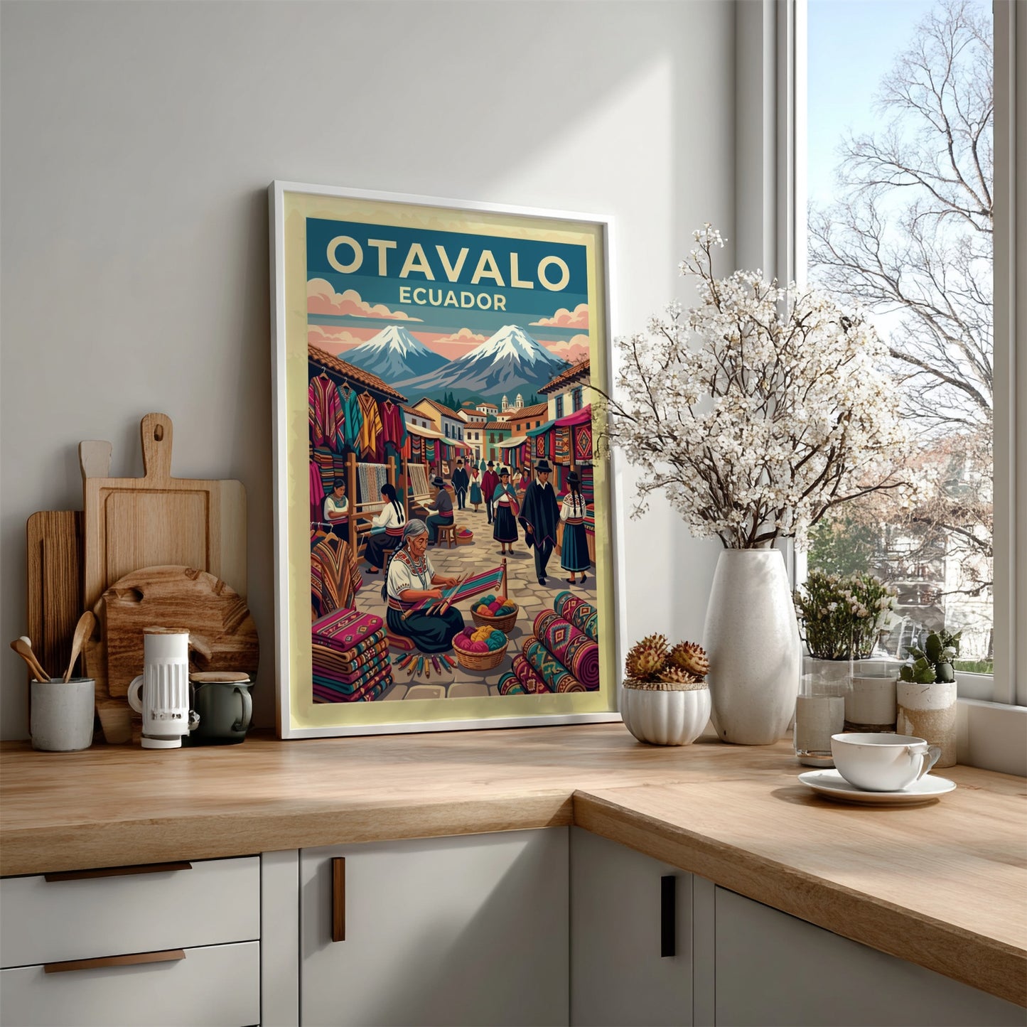 South America travel poster featuring the Otavalo market with artisans, textiles, and volcanoes.