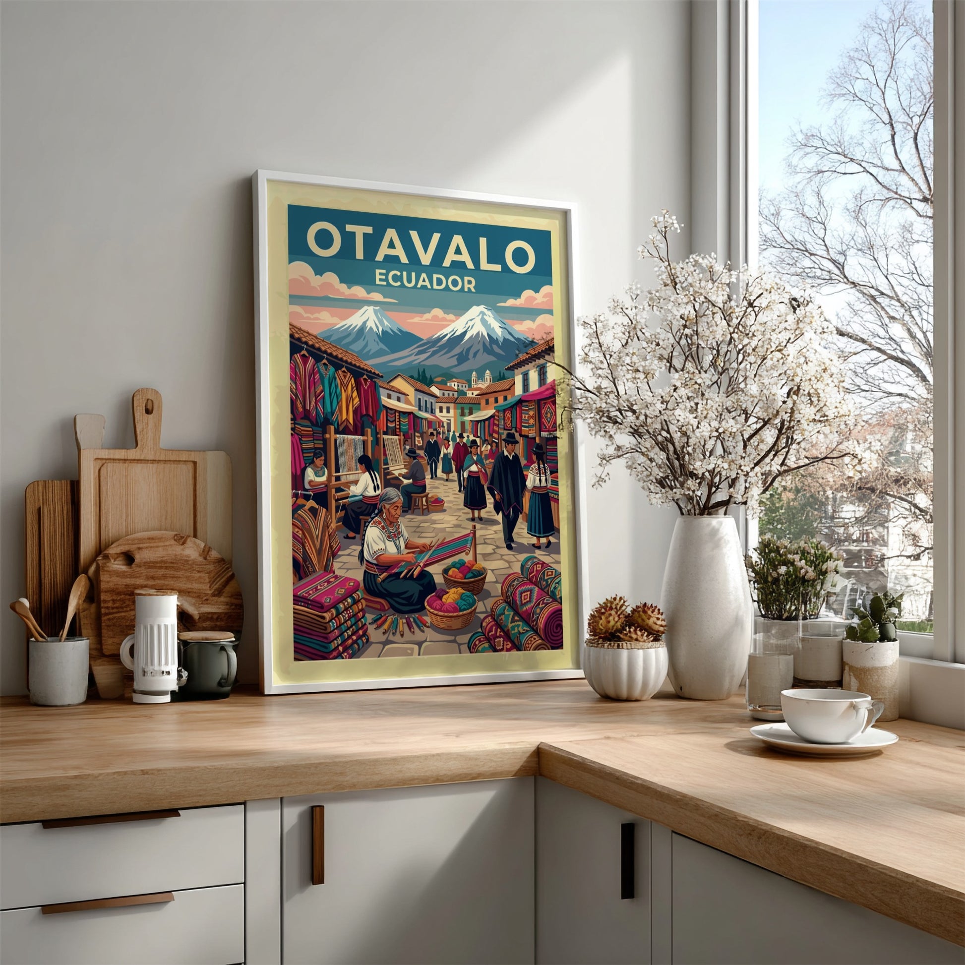 South America travel poster featuring the Otavalo market with artisans, textiles, and volcanoes.