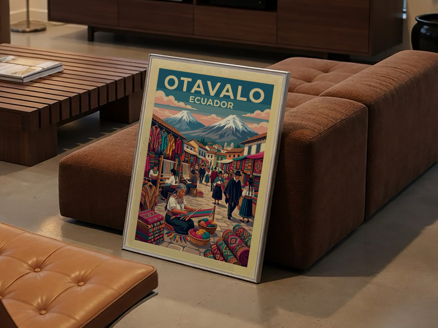 South America travel poster featuring the Otavalo market with artisans, textiles, and volcanoes.