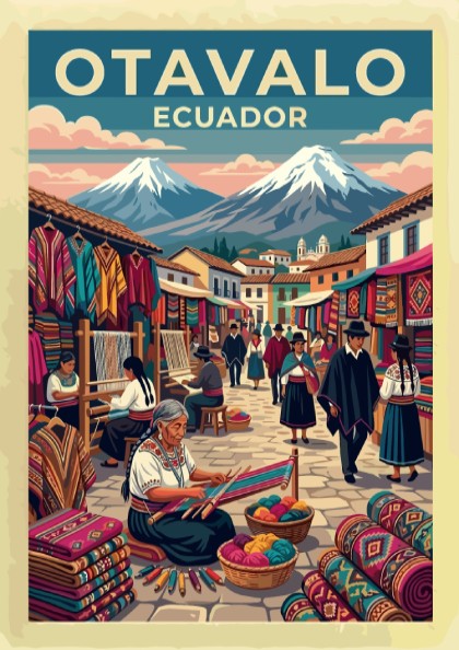 South America travel poster featuring the Otavalo market with artisans, textiles, and volcanoes.