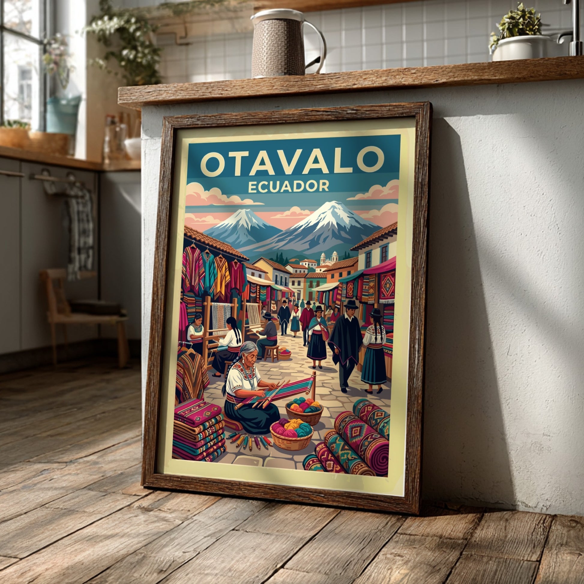 South America travel poster featuring the Otavalo market with artisans, textiles, and volcanoes.