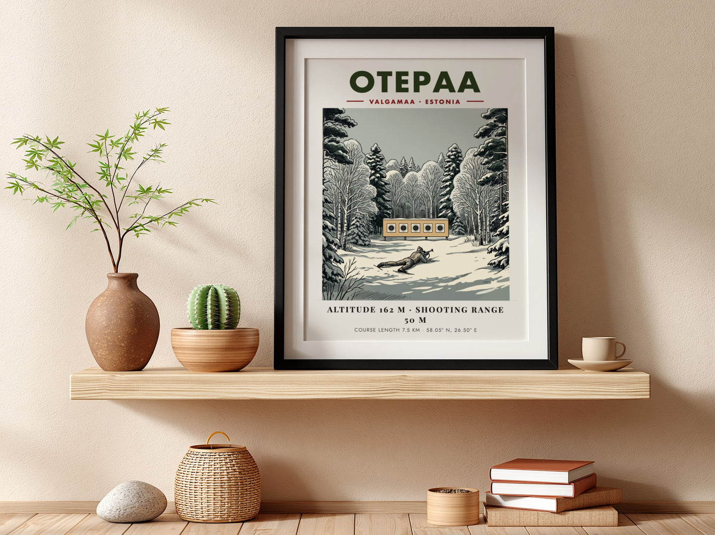 Poster of a biathlete aiming at targets in a snowy forest in Otepaa Estonia.
