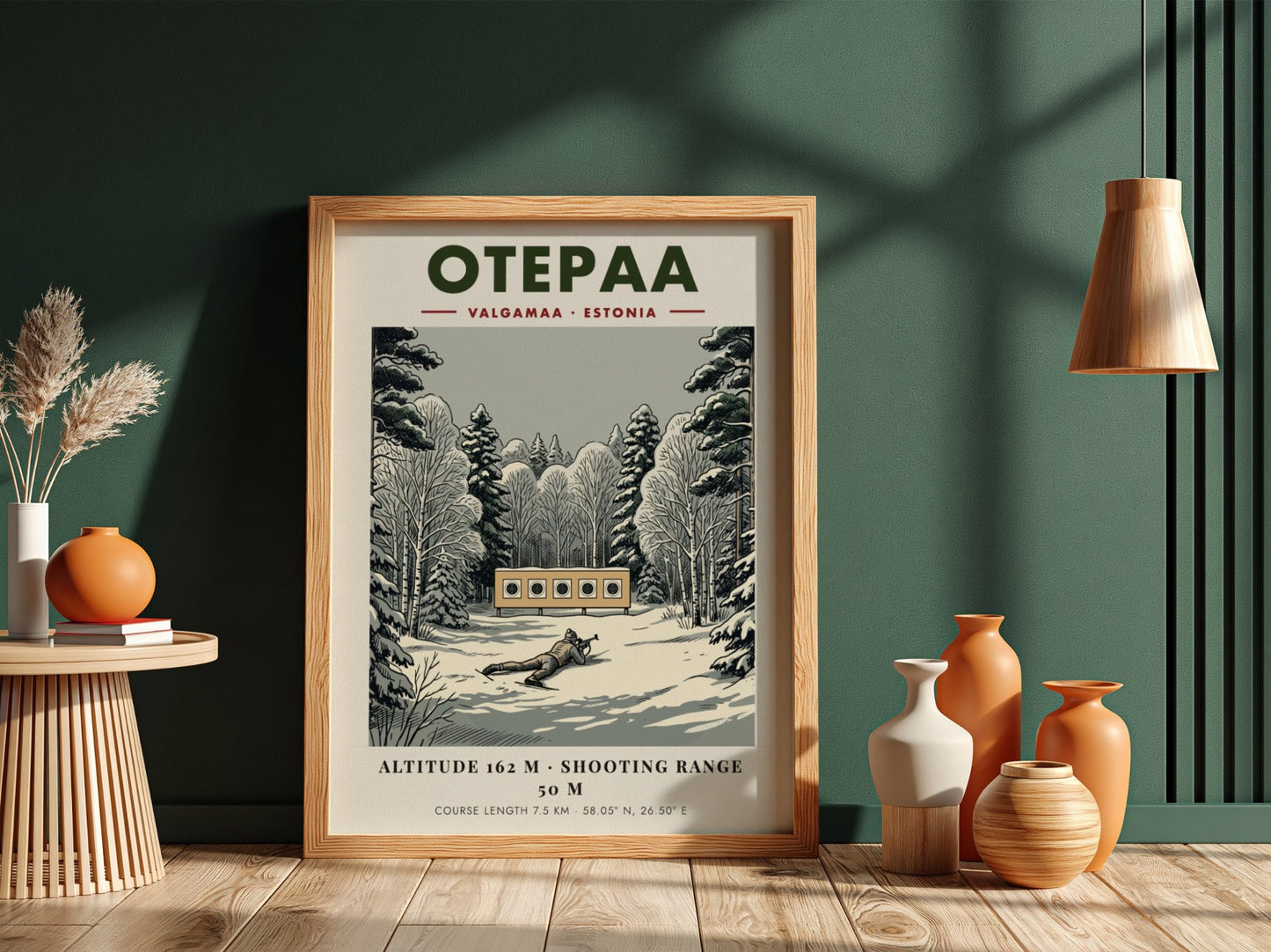 Poster of a biathlete aiming at targets in a snowy forest in Otepaa Estonia.