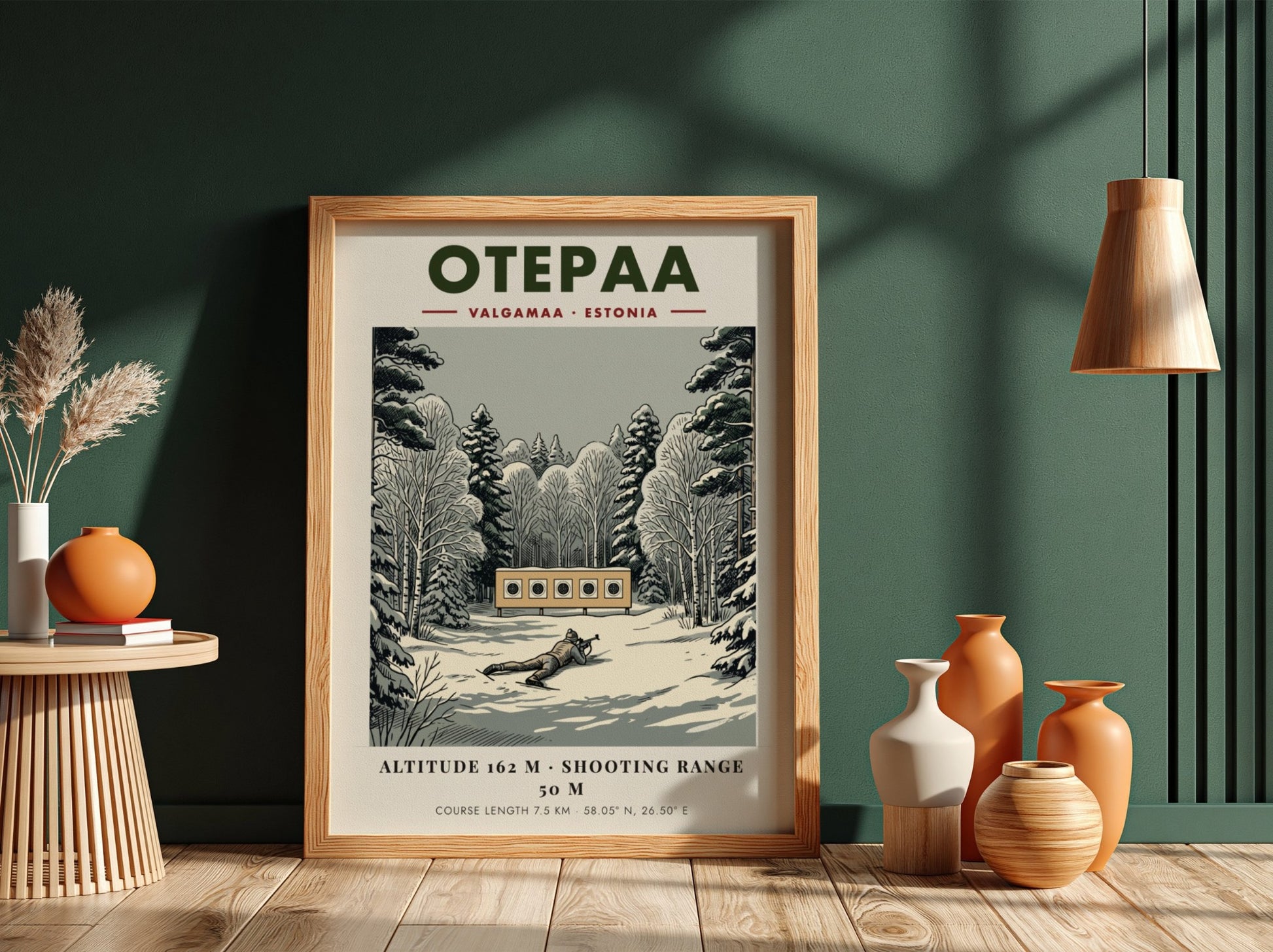 Poster of a biathlete aiming at targets in a snowy forest in Otepaa Estonia.