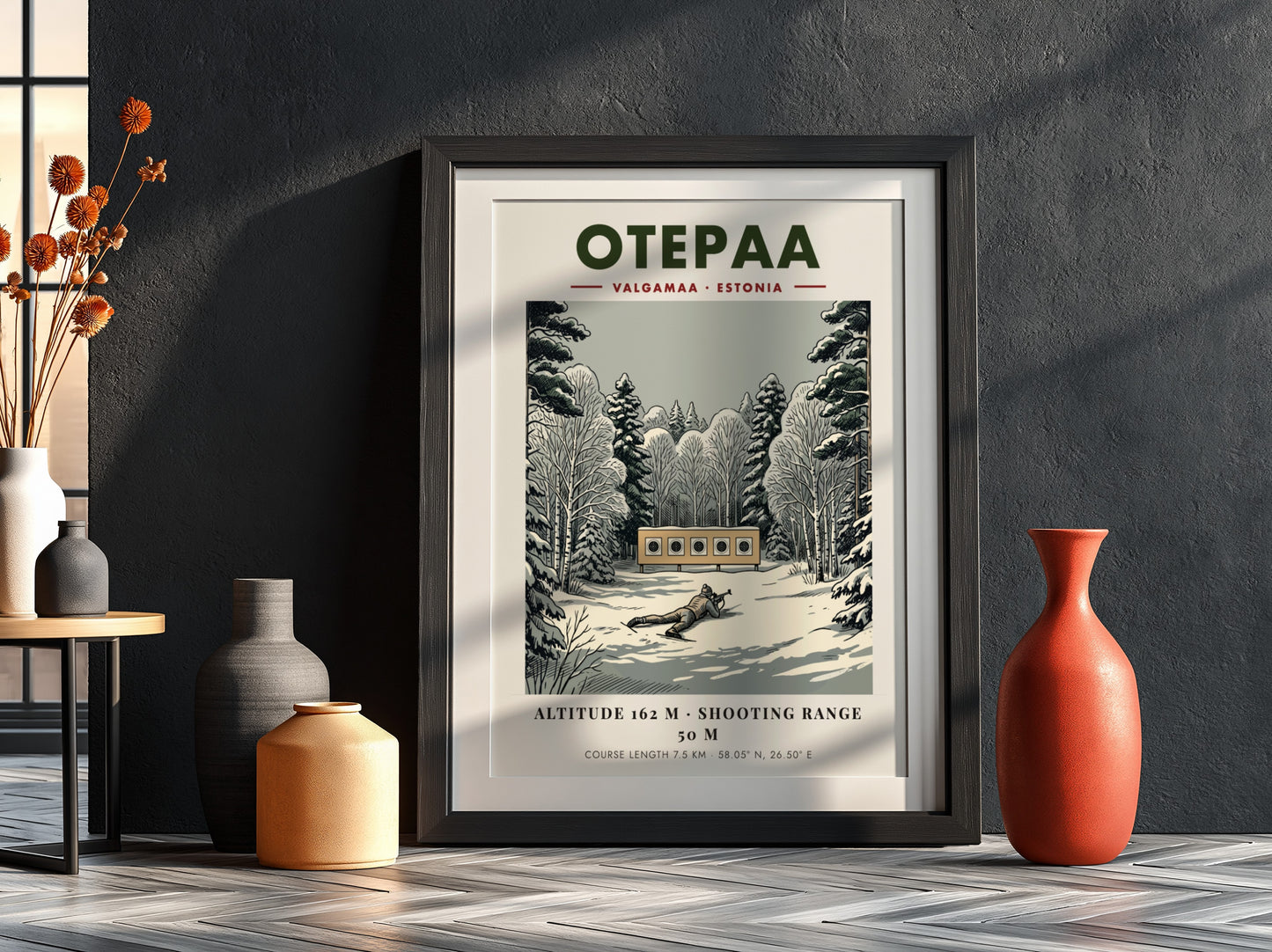 Poster of a biathlete aiming at targets in a snowy forest in Otepaa Estonia.