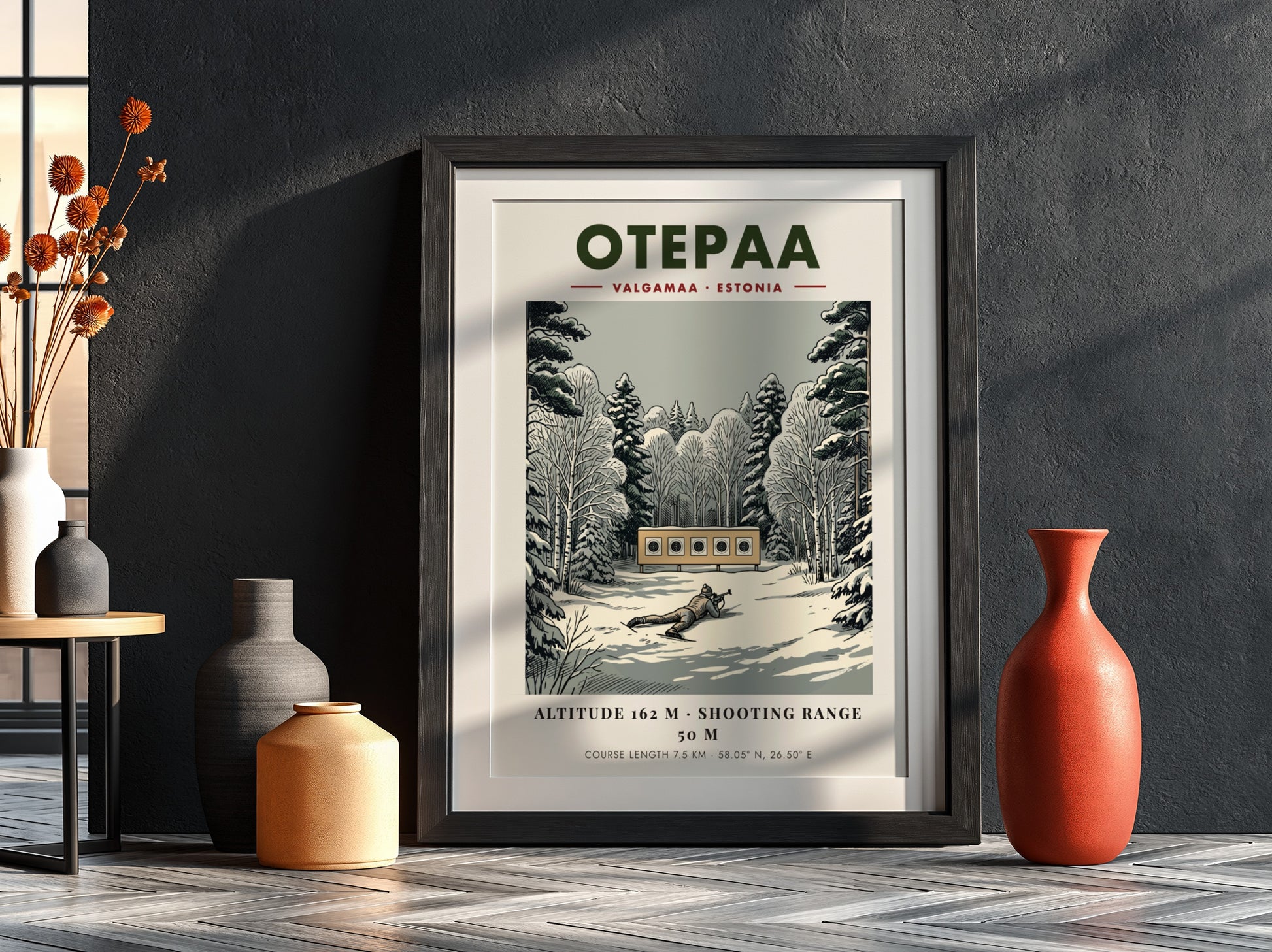 Poster of a biathlete aiming at targets in a snowy forest in Otepaa Estonia.