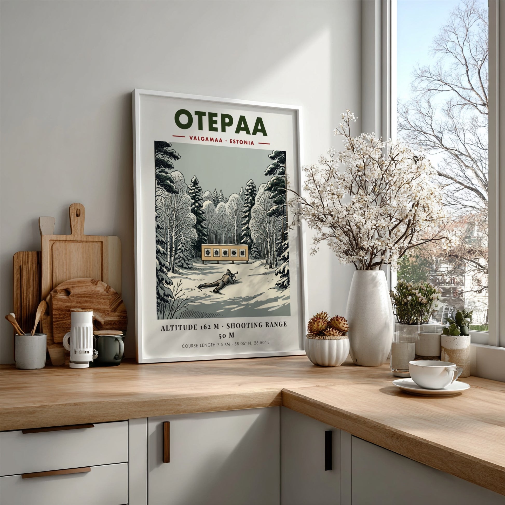 Poster of a biathlete aiming at targets in a snowy forest in Otepaa Estonia.