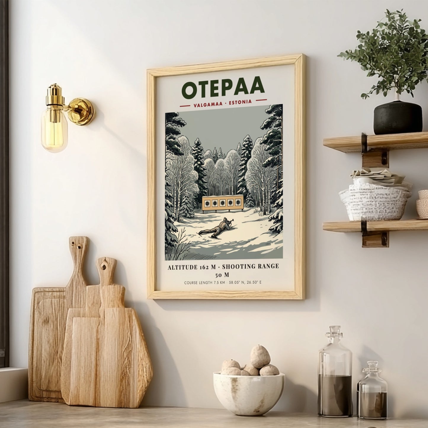 Poster of a biathlete aiming at targets in a snowy forest in Otepaa Estonia.