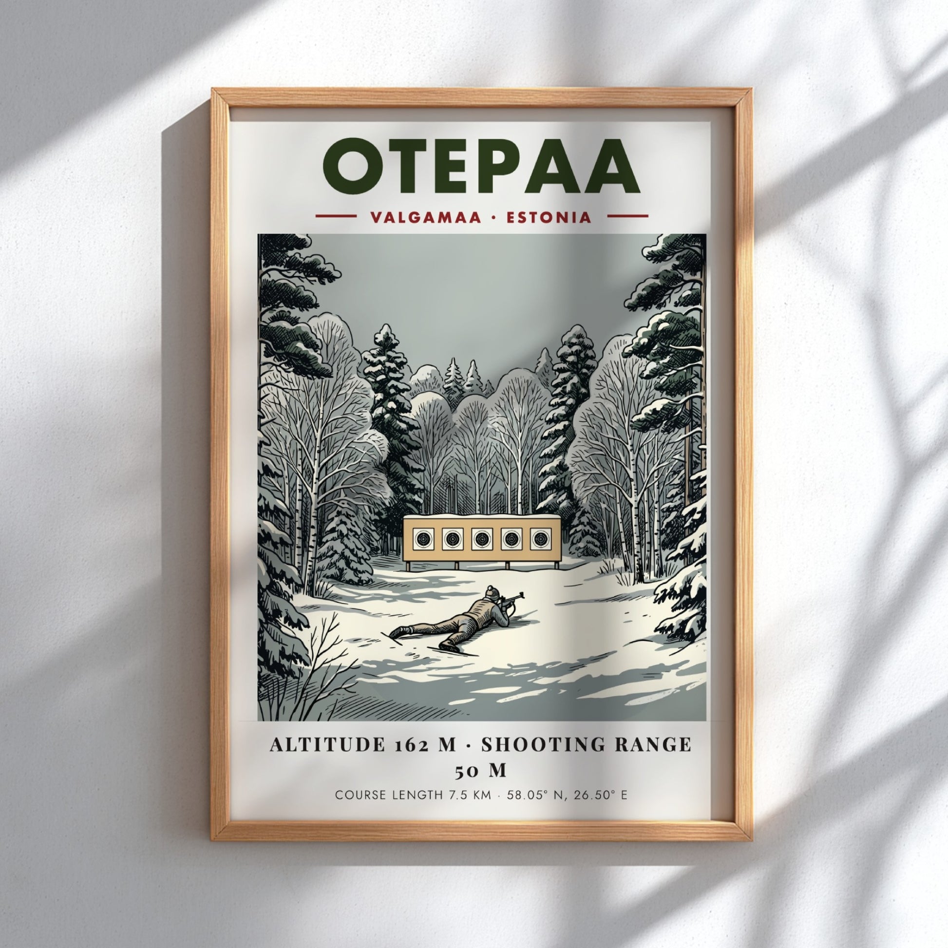 Poster of a biathlete aiming at targets in a snowy forest in Otepaa Estonia.