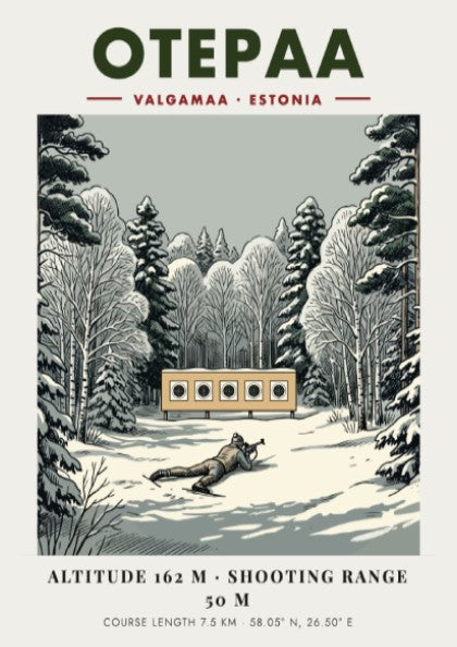 Poster of a biathlete aiming at targets in a snowy forest in Otepaa Estonia.
