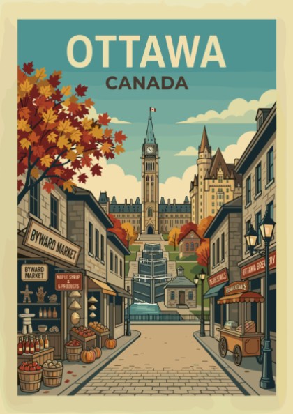 Retro travel poster of Ottawa, Canada, showcasing Parliament Hill and Byward Market in autumn.