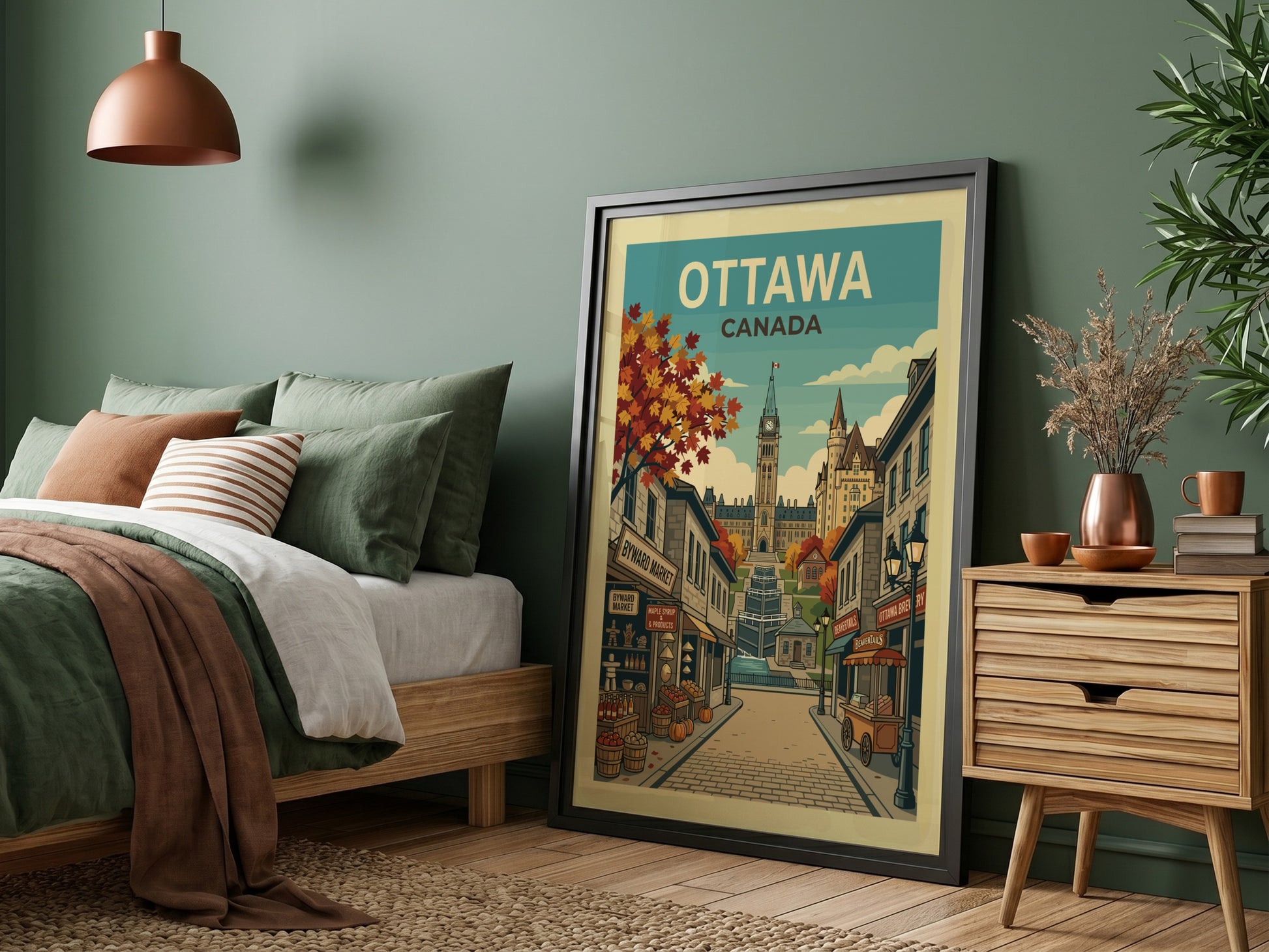 Retro travel poster of Ottawa, Canada, showcasing Parliament Hill and Byward Market in autumn.