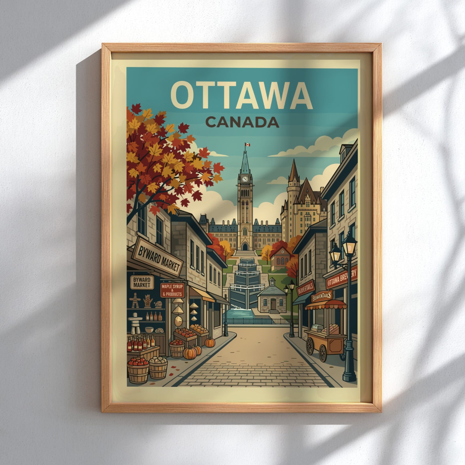 Retro travel poster of Ottawa, Canada, showcasing Parliament Hill and Byward Market in autumn.