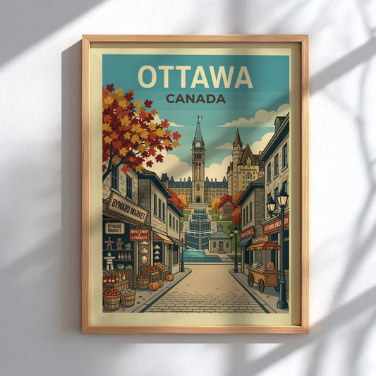 Retro travel poster of Ottawa, Canada, showcasing Parliament Hill and Byward Market in autumn.