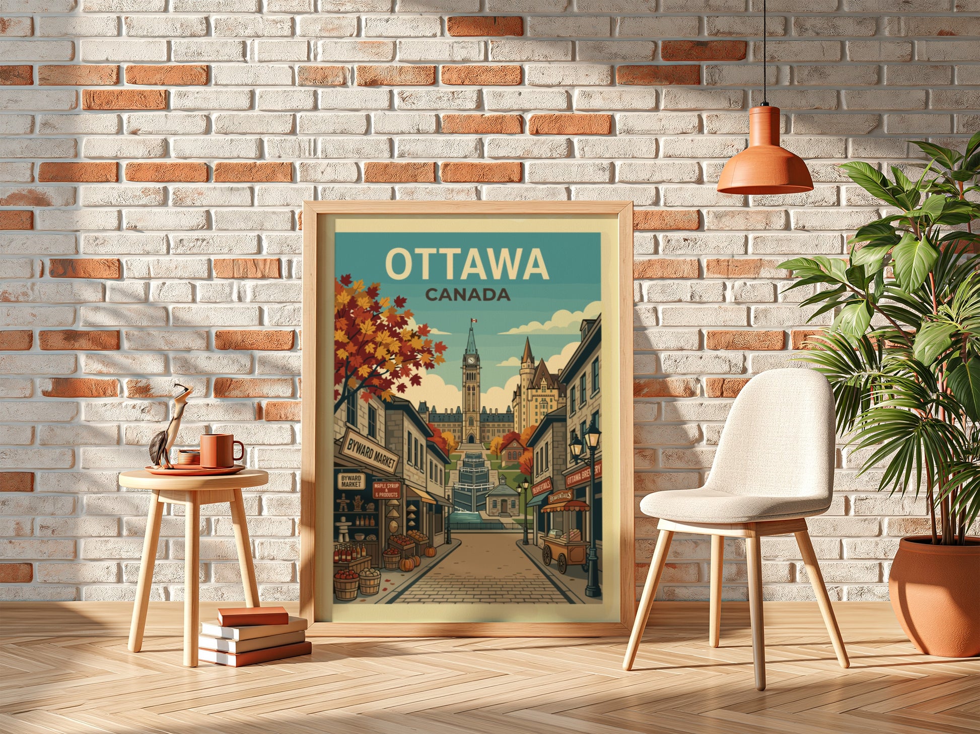 Retro travel poster of Ottawa, Canada, showcasing Parliament Hill and Byward Market in autumn.