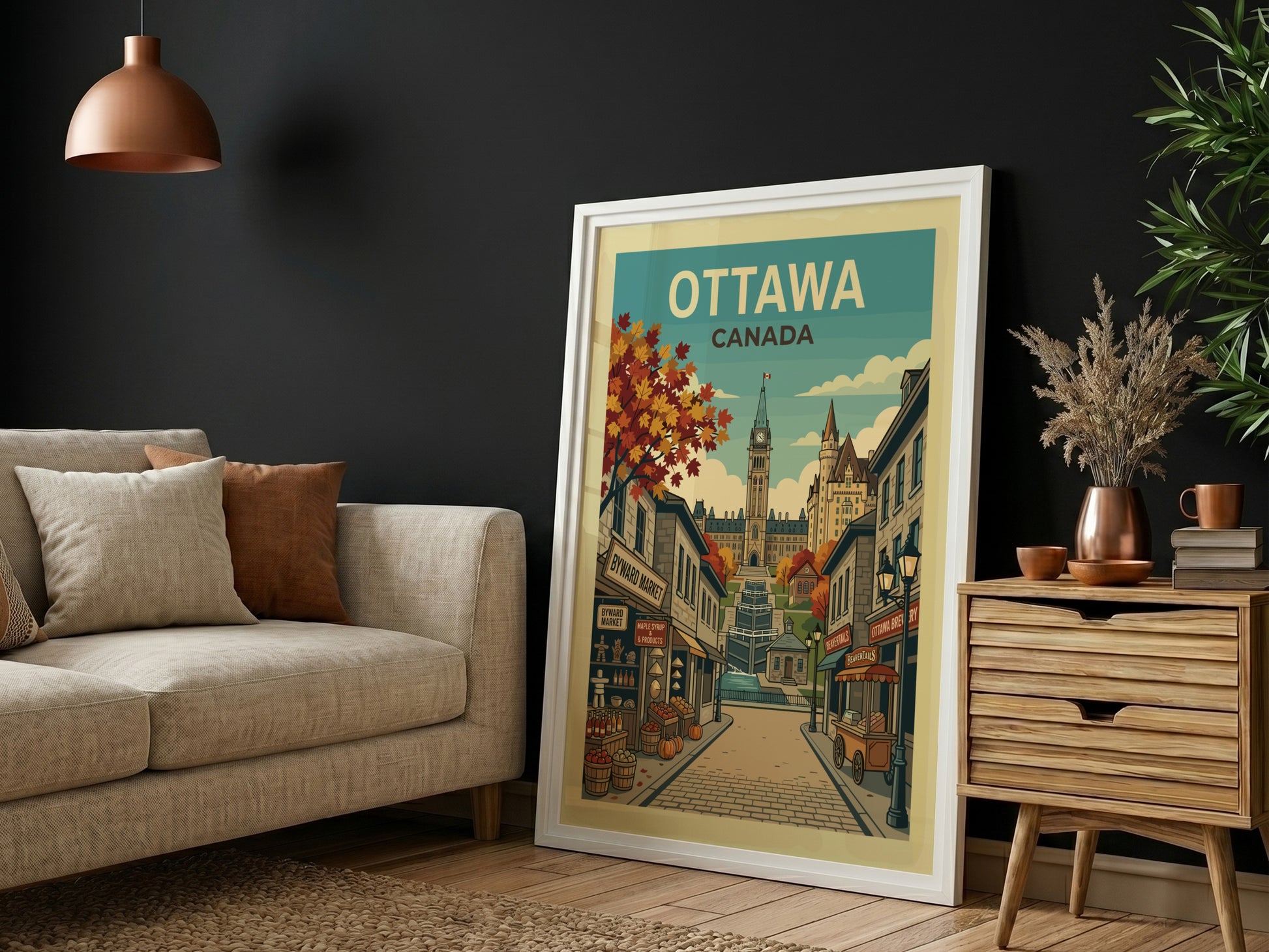 Retro travel poster of Ottawa, Canada, showcasing Parliament Hill and Byward Market in autumn.