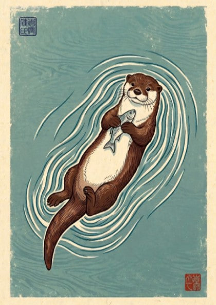 Japanese art style poster featuring an otter floating with a fish in soothing colors and waves