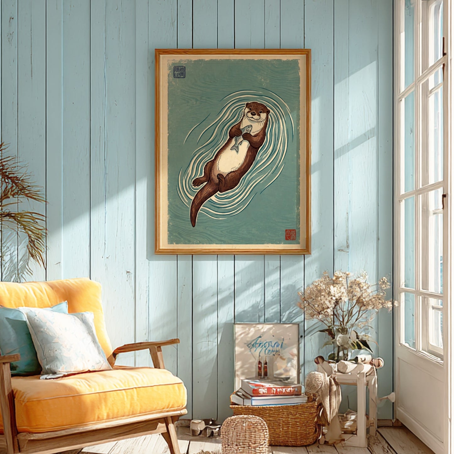 Japanese art style poster featuring an otter floating with a fish in soothing colors and waves
