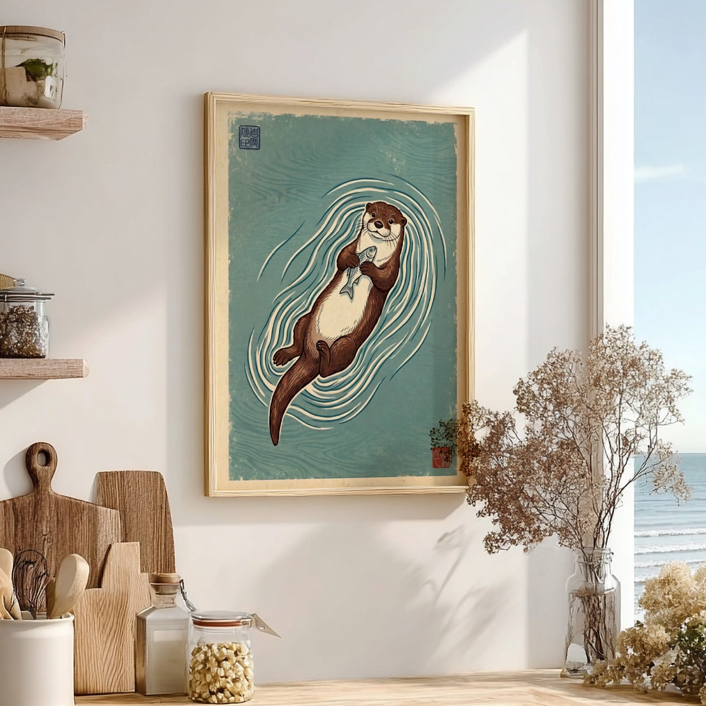 Japanese art style poster featuring an otter floating with a fish in soothing colors and waves